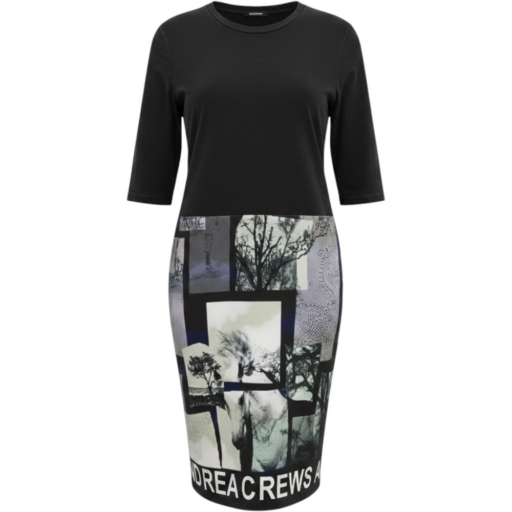 Andrea Crews designer Graphic Photo Print Scuba Shift Dress‎ Black soft ONE SIZE